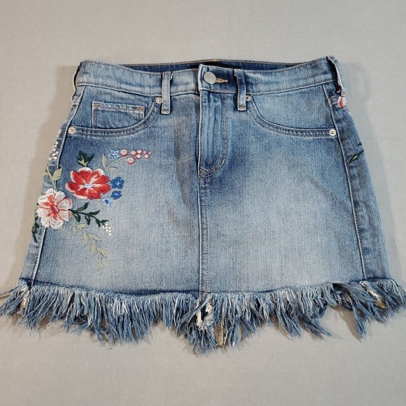 Express Mini Jean Skirt Frayed Hem Embroidered Floral Denim Super Short Size 0 - Picture 2 of 12